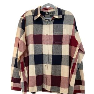 Ms Lee shirt, all cotton, plaid button down. Red, maroon, cream and black.